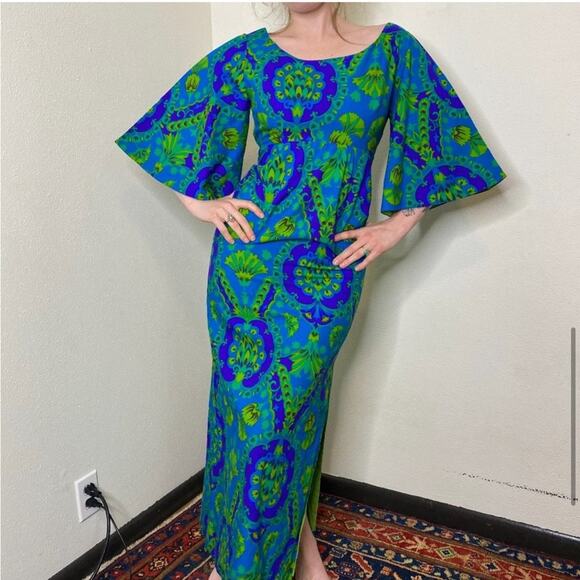 Vintage Blue and Green Maxi Dress - Picture 1 of 8